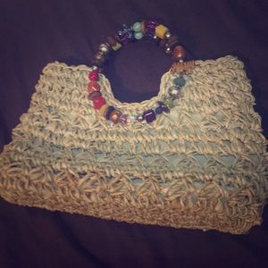 tan weaved handbag(beaded handle)